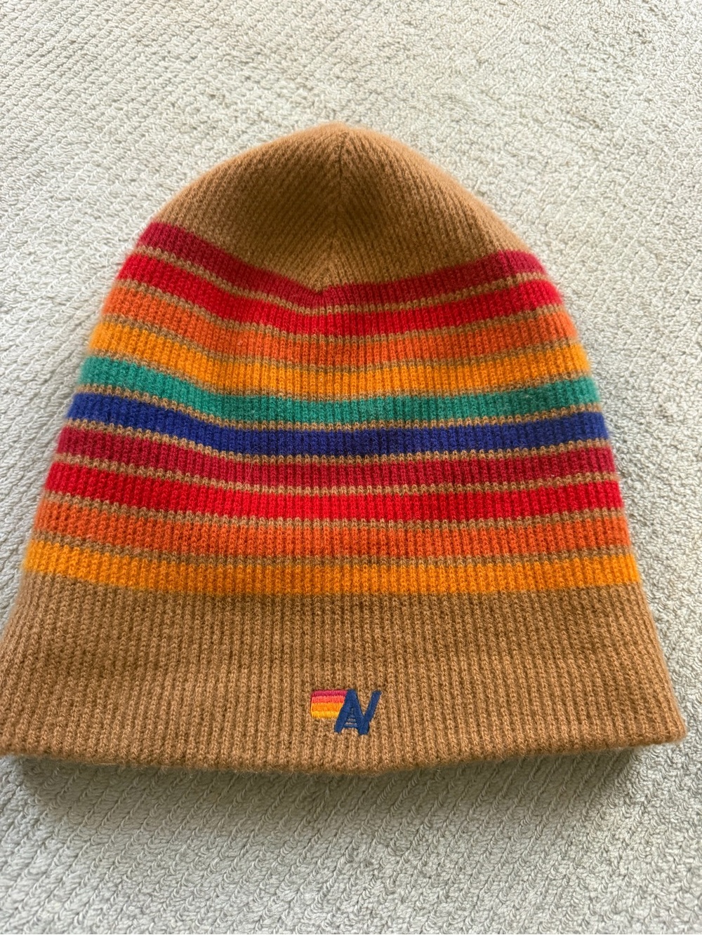 Aviator Nation Tan Beanie with Rainbow Stripes